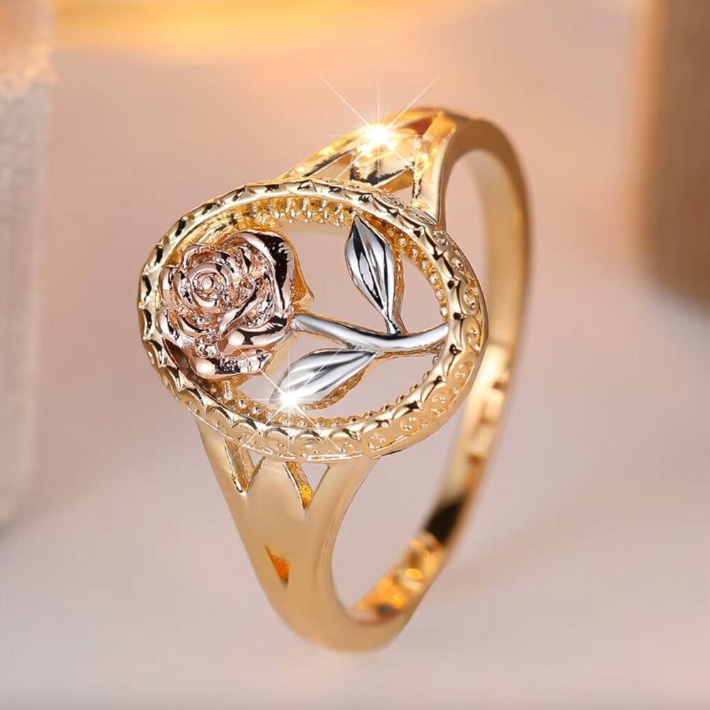 NEW 18k Yellow White Rose Gold Rose Ring Flower Ring Band Tri Tone Ring - Picture 3 of 6